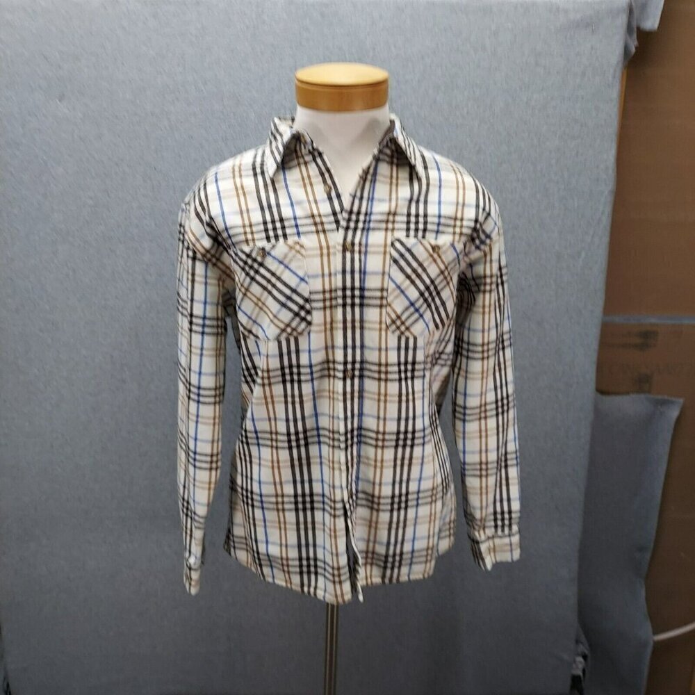 Vtg‎ John Blair Shirt Mens  Tan Plaid Flannel Button long Sleeve XL See Measures